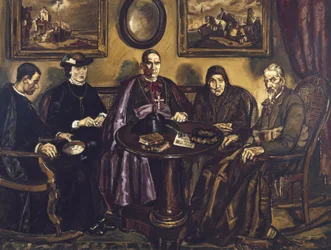 GUTIERREZ SOLANA, Jose (1886-1945). Der Besuch des Bischofs. 1926. (161 x 211 cm). Öl auf Leinwand. SPANIEN. MADRID (AUTONOME GEMEINSCHAFT). Madrid. Reina Sofia Kunstzentrum Nationalmuseum