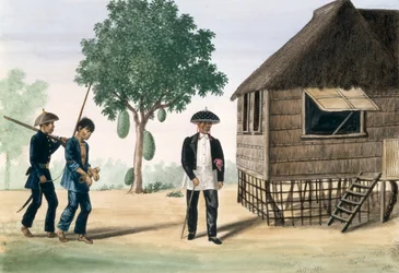 Ein Gefangener, der von einem Polizisten und einem Ratsherrn abgeführt wird, aus "The Flebus Album of Views In and Around Manila", ca. 1845