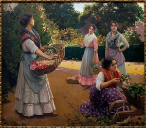 Blumenverkäufer im Park von Maria Luisa - Gemälde von Jose Rico Cejudo (1864-1939), Öl auf Leinwand