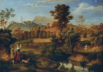 Italienische Landschaft mit pflügendem Landmann (Die Serpentara bei Olevano, Landschaft bei Paliano)
