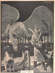 Zeichnung für das Gedicht "Wie die Nacht". Ein Drache, der aus dem Rauch von Fabriken entsteht, hinter einem deutschen Soldaten. Eine surreale Szene