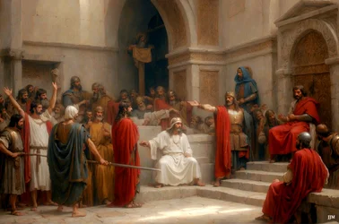 Jesus angeklagt und von Pilatus verurteilt