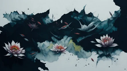 Tintenmalerei: Seerose schwarz 02