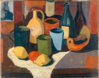 Stillleben mit Krügen und Obst