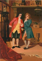 Robert Boyle und Denis Papin inspizieren Papins Dampfdigester