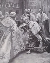 König Edward VII. legt den Eid bei seiner Krönung in der Westminster Abbey, London, ab
