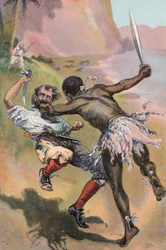 Robinson Crusoe: Der Spanier wird von einem Wilden angegriffen