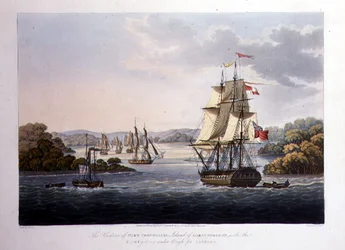 Der Hafen von Port Cornwallis. Insel Great Andaman, mit der Flotte auf dem Weg nach Rangoon, gestochen von G. Hunt, veröffentlicht von Kingsbury & Co., London