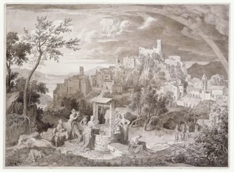 Ansicht der Stadt Olevano (Provinz Rom, Italien) mit dem Regenbogen