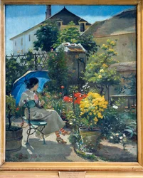 Im Garten. Eine junge Frau mit einem Regenschirm, umgeben von Blumen. Gemälde von Joseph Bail, 20. Jahrhundert