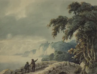Landschaft mit Bäumen, Brücke und Figuren