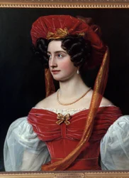 Porträt einer Frau mit rotem Hut. Gemälde von Joseph Karl Stieler (1781-1858) 19. Jahrhundert. München, Schloss Nymphenburg