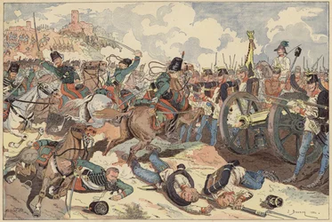 Schlacht von Solferino, Italien, Zweiter Italienischer Unabhängigkeitskrieg, 24. Juni 1859 (Farblithografie)