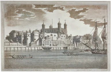 Blick auf den Tower of London vom Fluss Thames mit Booten auf dem Fluss, 1795