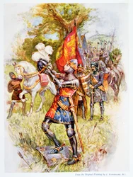 Edward, der Schwarze Prinz, in der Schlacht von Crécy im Jahr 1346, Illustration aus „Stories of Royal Children from English History“ von Doris Ashley, veröffentlicht 1920 von Raphael Tuck