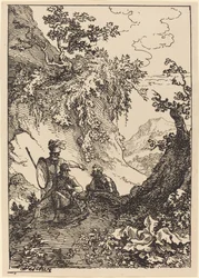 Landschaft mit Männern in Rüstung, Baumstumpf