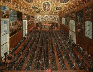 Das Innere der Sala Maggior Consiglio, Dogenpalast, Venedig, mit Patriziern, die über einen Wahlzettel für die Wahl neuer Magistrate abstimmen