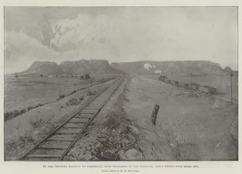 De Aar, zeigt die Eisenbahn nach Kimberley, mit Tafelberg in der Ferne, etwa fünfunddreißig Meilen entfernt