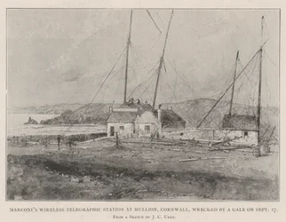 Marconis drahtlose Telegrafenstation in Mullion, Cornwall, durch einen Sturm am 17. September zerstört
