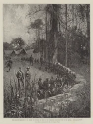 Die Ashanti-Expedition, ein Alarm in Ejuvassi, auf dem Weg nach Coomassie, Houssas rücken aus, um einen vermeintlichen Angriff abzuwehren