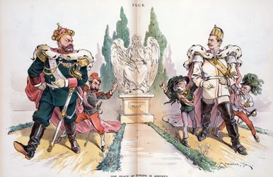 Alexander III, beschriftet "Russland", schaut auf Wilhelm II, beschriftet "Deutschland"