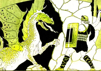 Siegfried kämpft gegen den Drachen. Nibelungenlegende. Illustration von Joseph Kuhn Regnier (Kuhn-Regnier) (1873-1940) für „Epopees et legendes d