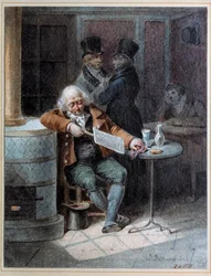 Lesen der Gazette: alter Mann schläft in einem Café und liest die Zeitung „The Gazette“ im Jahr 1824. Lithographie von Joseph Louis Hippolyte Bellange (1800-1866)