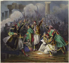 Feierszene mit Figuren in traditioneller Kleidung