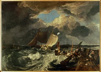 Calais Pier, mit französischen Fischern, die sich auf das Meer vorbereiten: Ein englisches Paketboot kommt an