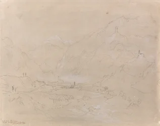 Gebirgslandschaft mit Stadt im Tal (ca. 1840) (Graphit und graue Waschung auf Papier)