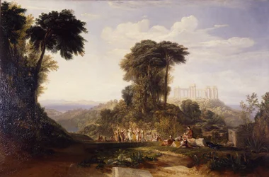 Blick auf den Tempel des Jupiter Panhellenios auf der Insel Ägina mit dem griechischen Nationaltanz Romaika: im Hintergrund die Akropolis von Athen