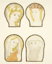 Vier Köpfe in Buntglasfenstern südlich des Chors in der Kathedrale von Bristol