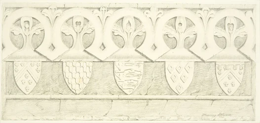 Gotisches Fries und Wappen im Vestraum der Kathedrale von Bristol