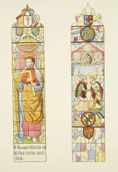 Zwei Buntglasfenster, die das Altarfenster von St. Mark