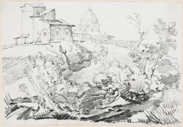 Ein Gebäude auf einem Hügel mit der Peterskirche in der Ferne