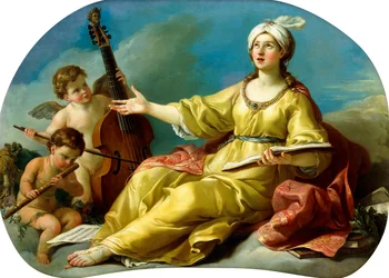 Eine Personifikation der Musik, singend mit Putti, die eine Viola und eine Flöte spielen, 1758