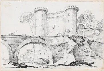 Eine Steinbrücke und der befestigte Eingang zu einer Stadt