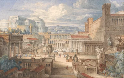 Eine Szene im antiken Rom: Bühnenbild für „Titus Andronicus“, I, ii