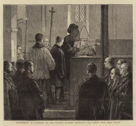 Beisetzung von Napoleon III, die Kaiserin Eugenie besprengt den Sarg mit Weihwasser