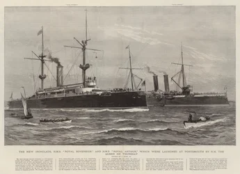 Die neuen Panzerschiffe, HMS Royal Sovereign und HMS Royal Arthur, die am Donnerstag von Ihrer Majestät der Königin in Portsmouth vom Stapel gelassen wurden