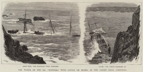 Das Wrack der SS Suffolk mit Rindern an Bord am Lizard Head, Cornwall