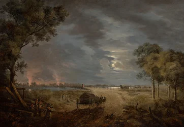 Ansicht der Überquerung der Brücke der französischen Armee nach Lobau (Nachtszene mit Mondlicht)