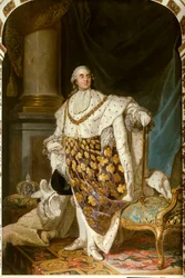 Ganzkörperporträt des Königs von Frankreich Ludwig XVI. im Krönungsgewand (1754-1793). Er trägt die Halskette des Ordens des Heiligen Geistes - Gemälde aus der Werkstatt von Joseph Siffred Duplessis