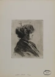 Ohne Titel--Frau mit Schal und zerzaustem Haar