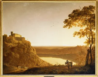 Blick auf den Nemisee bei Sonnenuntergang