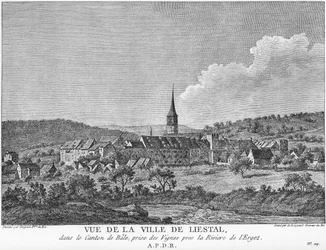 Ansicht der Stadt Liesthal im Kanton Basel, von einem Weinberg am Fluss Ergolz aus gesehen