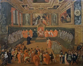 Hearing of Doge in Council Hall of Ducal Palace, Venedig, Gemälde von Joseph Heintz Jünger (ca. 1600-1678)