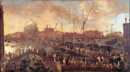 Prozession am Tag des Festes des Erlösers Eine temporäre Brücke wird zur Kirche des Erlösers von Venedig gebaut, um der Opfer der großen Pest von 1575-1576 zu gedenken - Gemälde von Joseph Heintz dem Jüngeren (1600-1678) 17. Jahrhundert - Musei Civici