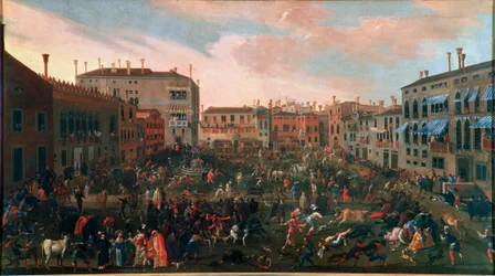 Die Stierjagd auf dem Campo San Polo in Venedig im Jahr 1648. Traditionelle Stierjagd mit besonders wilden Hunden. Gemälde von Joseph Heintz der Jüngere (1600-1678). Venedig, Museo Correr