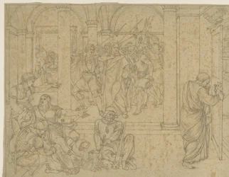 Petrus verleugnet Christus, dargestellt in der Halle des Gerichtsgebäudes